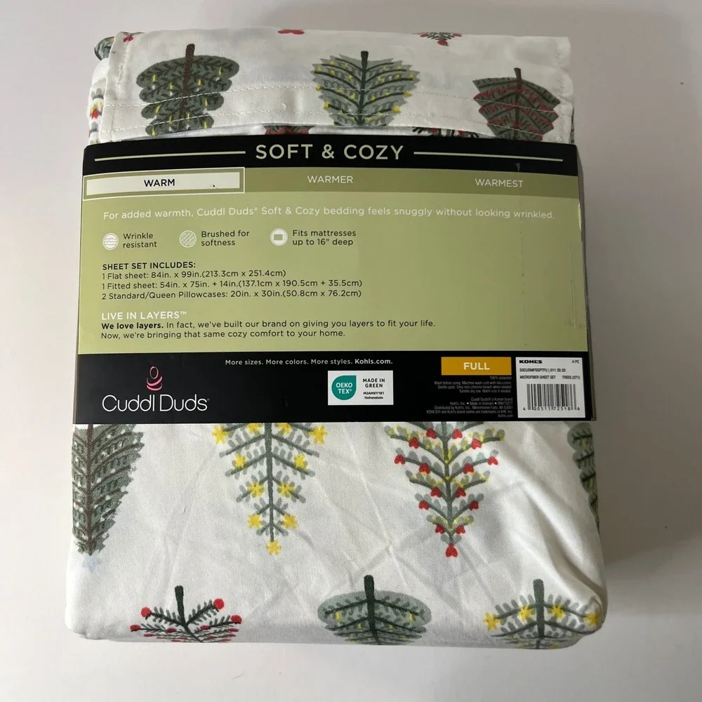 Cuddl Duds Soft & Cozy Full‎ Sheet Set Christmas Trees White Green Red NIP